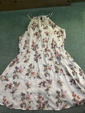 Lorena Rose White Halter Floral Mini Dress with Pink and Green Print